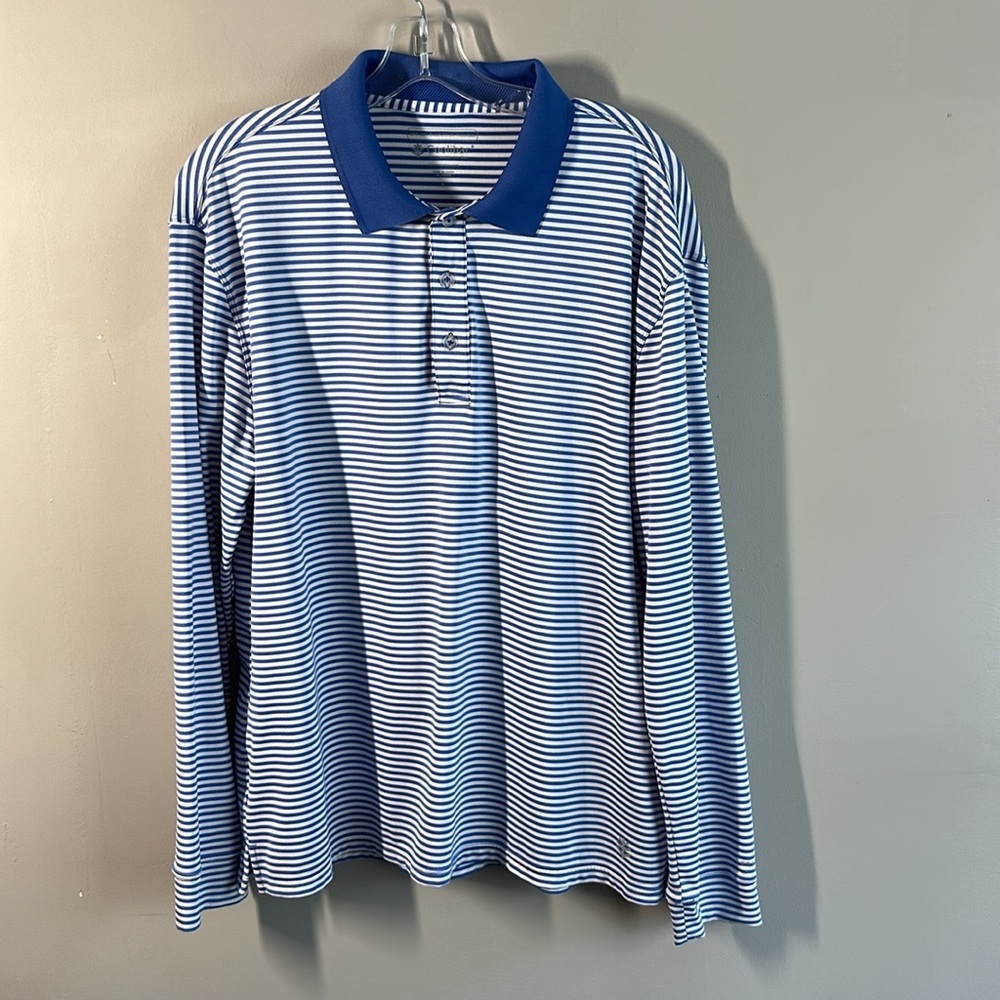 Coolibar Blue And White Stripe Long Sleeve Polo Shirt Size L